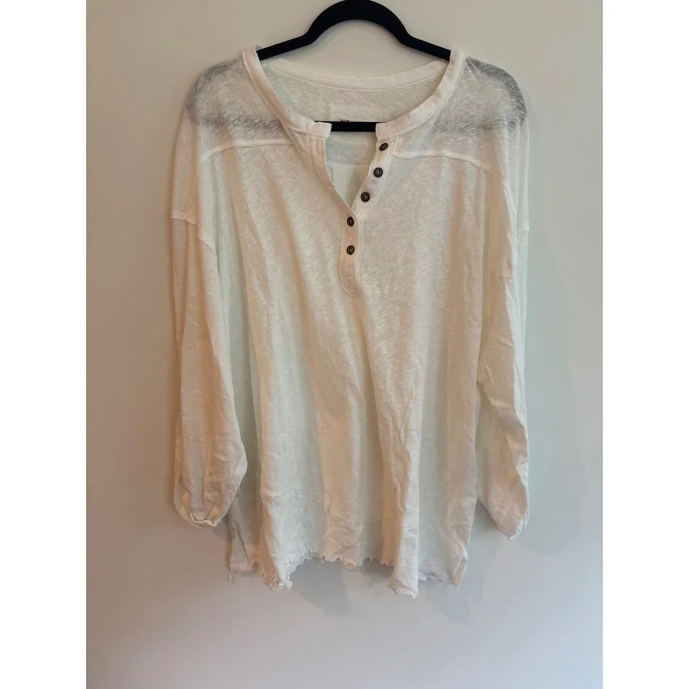 We The Free Cotton Linen Henley Long Sleeve Tee medium ivory white new - Picture 8 of 11